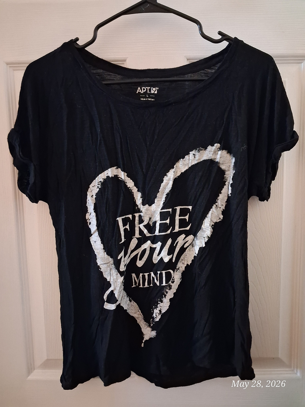 APT. 9 Black Tee with White Heart "Free Your Mind"